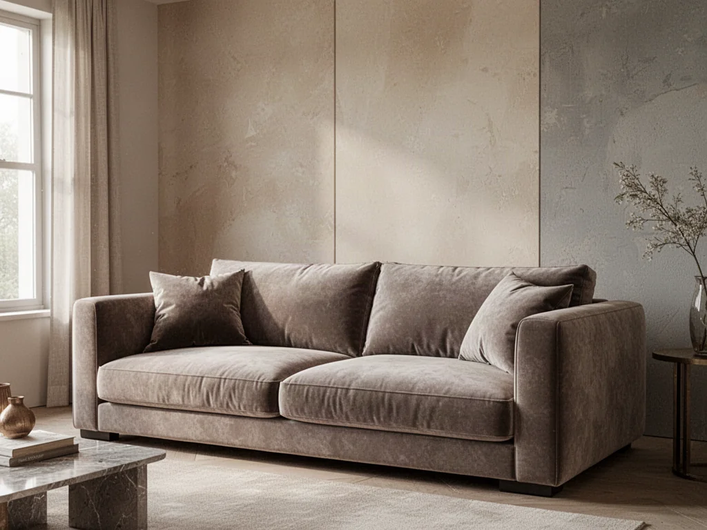 Przytulny salon z welurową sofą w kolorze taupe, podkreślający elegancję i ciepło neutralnej palety barw we wnętrzu.