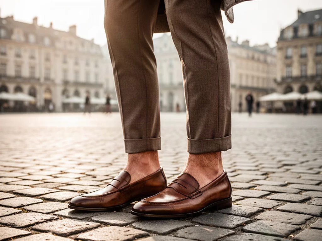 Mężczyzna w eleganckich skórzanych mokasynach na tle słonecznego europejskiego miasta. Stylizacja w stylu smart casual.