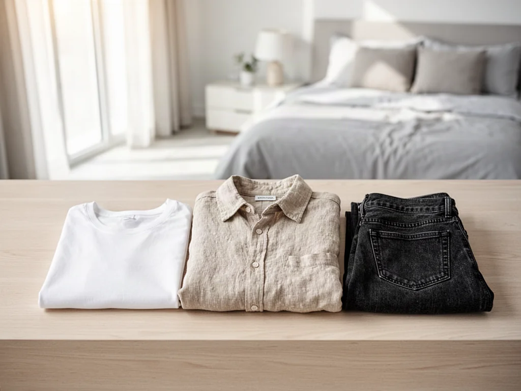 Minimalistyczny zestaw ubrań typu basic: biały T-shirt, beżowa koszula i jeansy ułożone na jasnym, drewnianym tle.