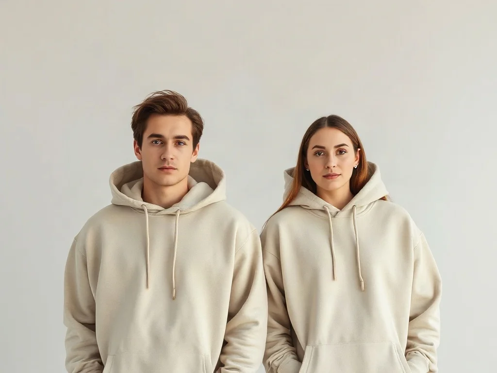 Kobieta i mężczyzna w identycznych, beżowych bluzach typu oversize, prezentujący modę w stylu unisex na neutralnym tle.