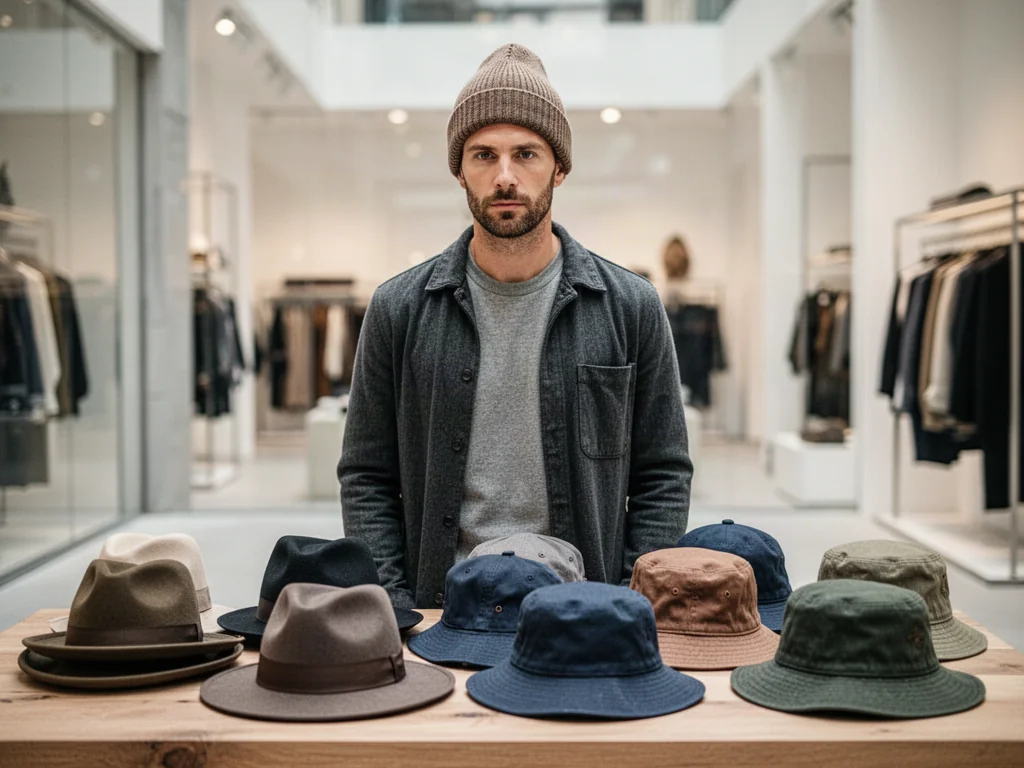 Mężczyzna w modnej czapce typu beanie na tle ekspozycji różnych nakryć głowy, takich jak fedory, czapki z daszkiem i bucket haty.