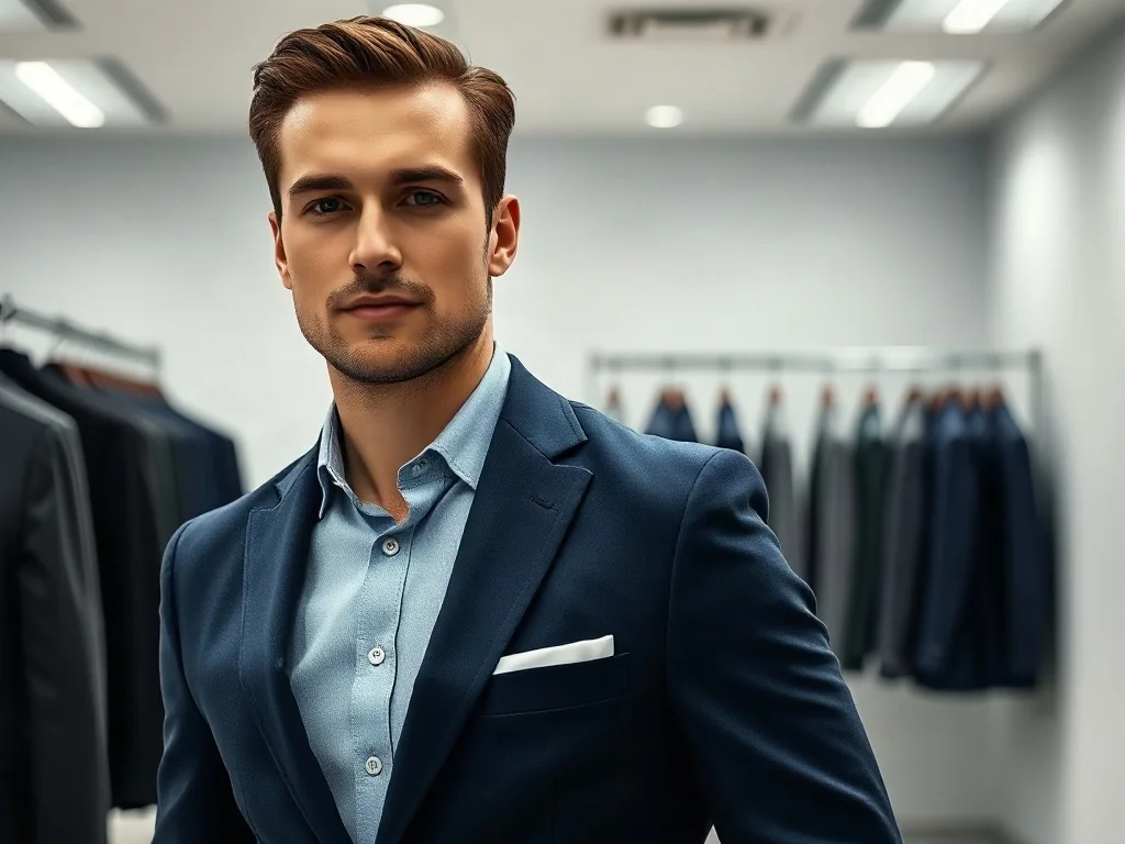 Mężczyzna w dopasowanej granatowej marynarce typu slim fit prezentuje elegancki krój w nowoczesnym wnętrzu salonu.