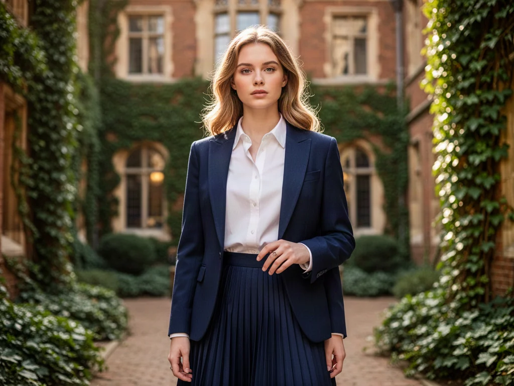 Młoda kobieta w stylu preppy: biała koszula, granatowa marynarka i plisowana spódnica na tle uczelnianego dziedzińca.